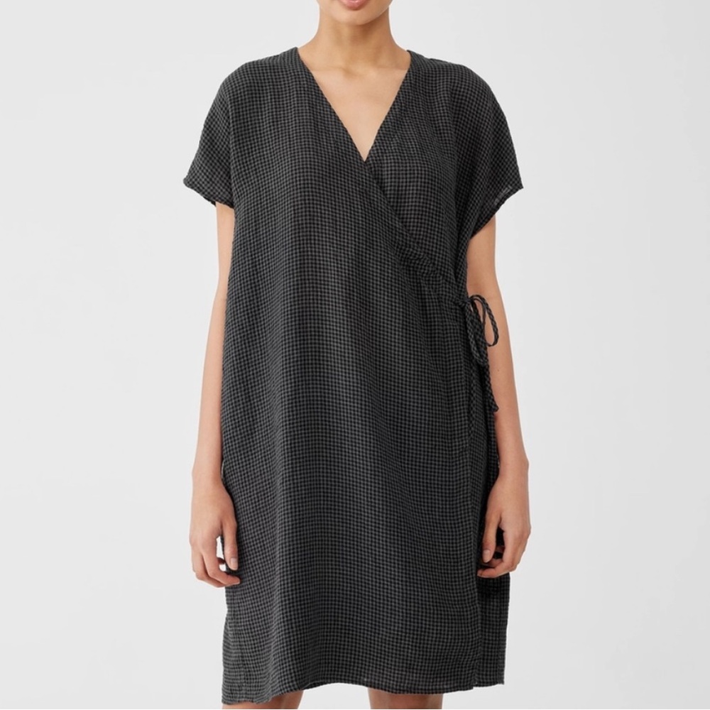 NWT Eileen fisher gray/black check print wrap dress 100% organic linen medium